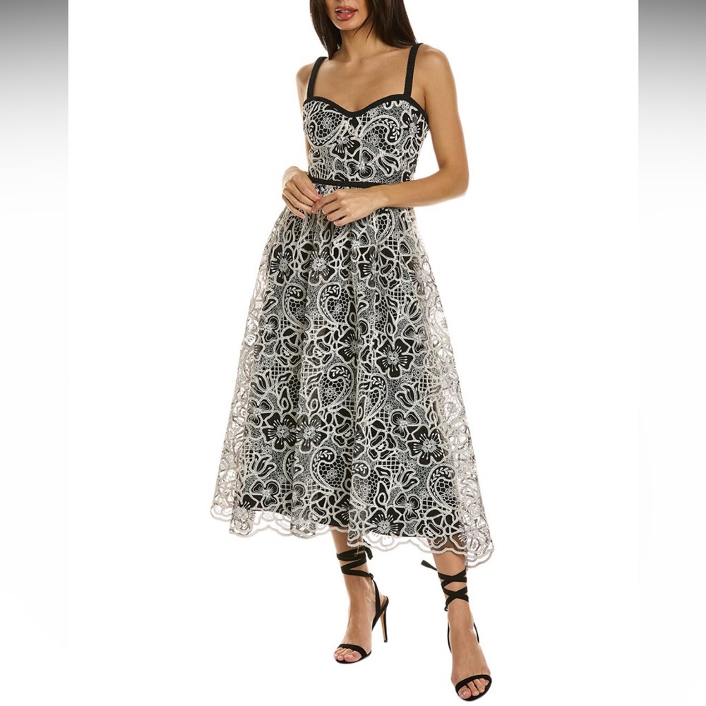 Monique Lhuillier lace midi dress. Black with ecru lace.